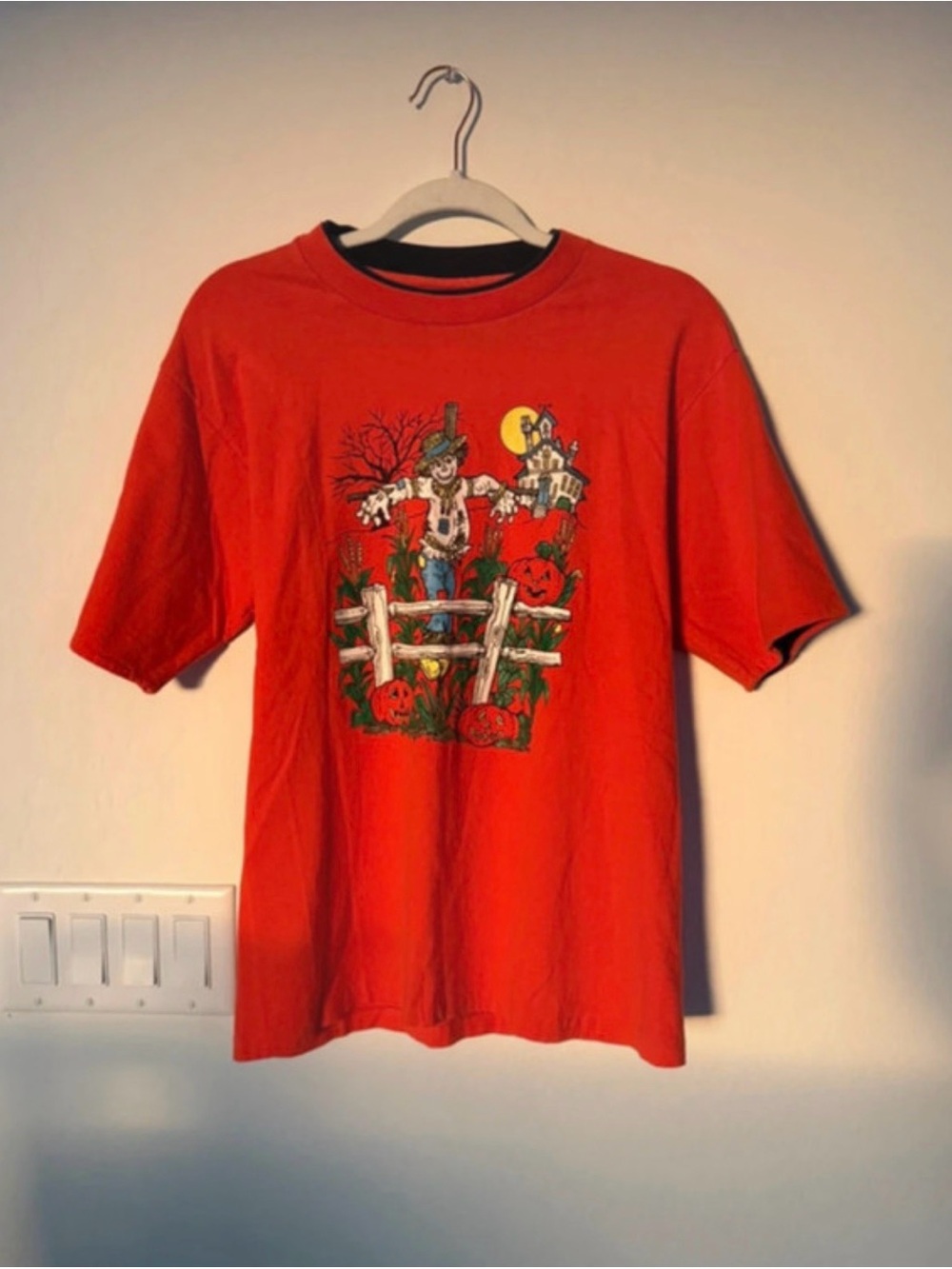 Vintage 90s Unisex Orange Graphic Tee Halloween Scarecrow Black Ringer Collar